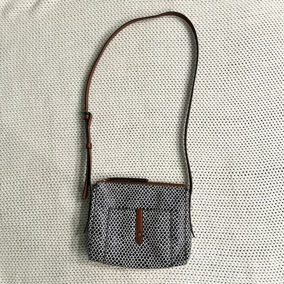 Fossil Gemma Blue White Mermaid Fish Scale Print Coated Canvas Small Crossbody - Picture 1 of 16
